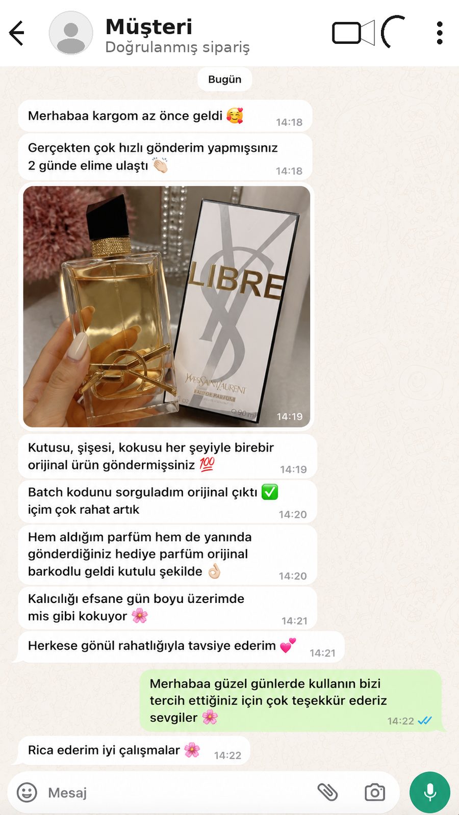 Liora Parfümeri müşteri memnuniyet mesajı 3